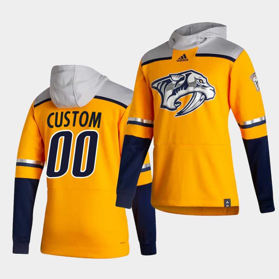 Men Nashville Predators 00 Custom Yellow NHL 2021 Adidas Pullover Hoodie Jersey